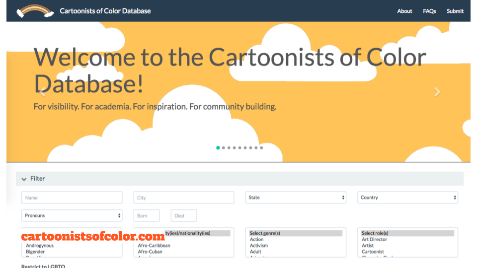screenshot of Cartoonists of Color Database website