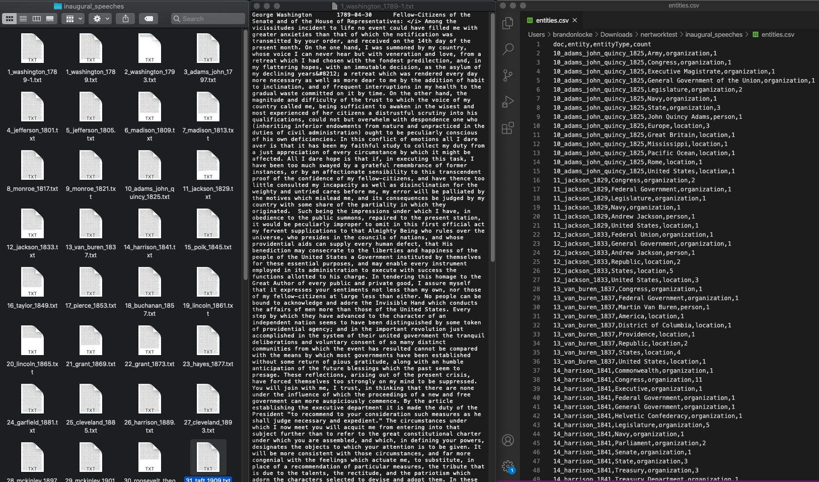 screenshot of a folder full of text files, a plain text inaugural speech, and a csv of batchner output